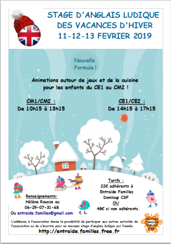 Stage d'anglais ludique Domloup 11-12-13 février 2019 Stage d'anglais ludique Domloup 11-12-13 février 2019