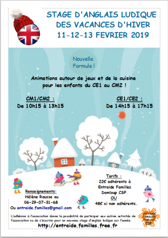 Stage d'anglais ludique Domloup 11-12-13 février 2019